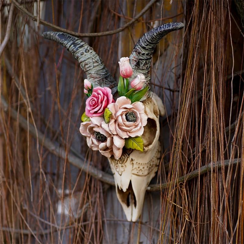 Wall Sculpture Simulation Flower Goat Skull Artwork Props 3D Animal Crafts Decor