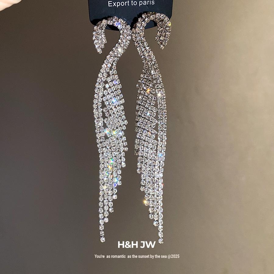 Silver Needle Diamond Round Fringed Earrings Light Luxury High Sense Exquisite Fashion Earrings European and American Cold Wind Earrings