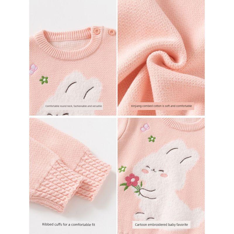 Baby Girl Bunny Clothes, Girls' Sweater, Autumn and Winter Pure Cotton Knitwear, Children's Long-Sleeved Pullover Knitwear