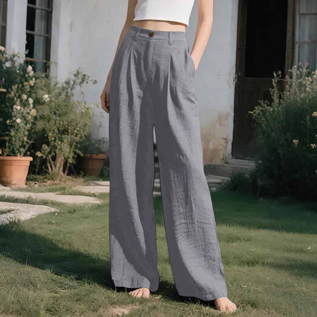 Women’s Beach-Style Cotton-Linen Casual Trousers: Wide-Leg, Loose-Fit Long Trousers