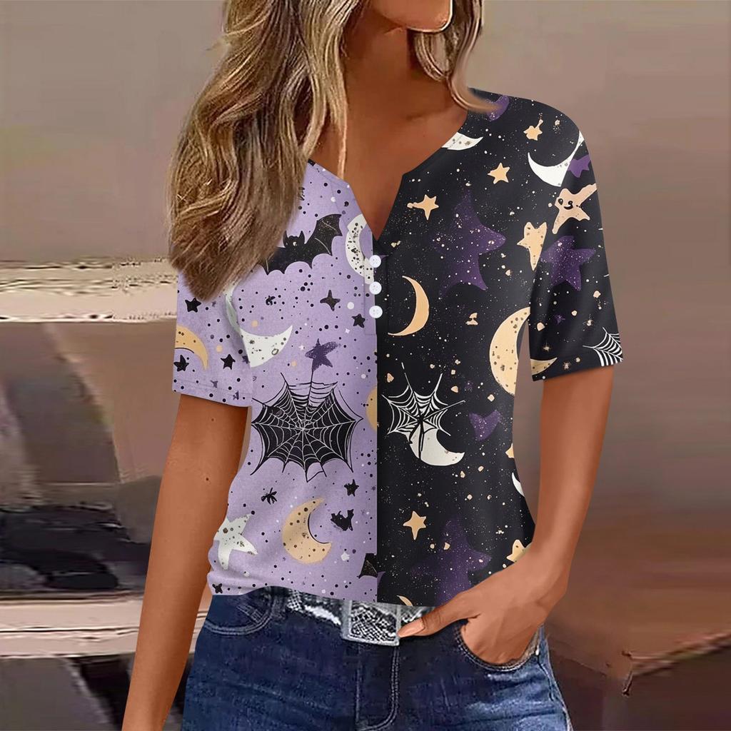 Damen T-Shirt Halloween Bedruckt Knopf Kurzarm Tunika Täglich Wochenende Mode Basic V-Ausschnitt Reguläres Oberteil