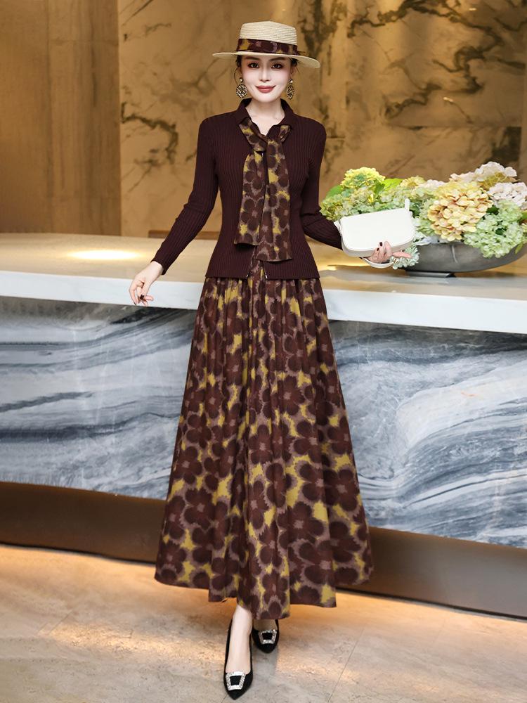 2025 Autumn Slim Fit Knit Cardigan & Floral Midi Skirt Set