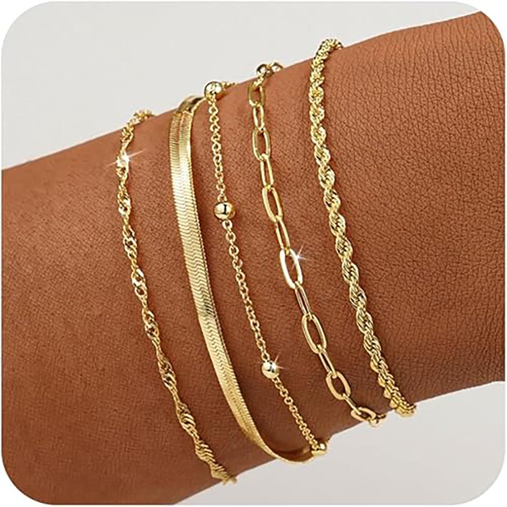 14K Gold Plated Bracelet Set for Women, Dainty Stackable Paperclip & Beaded Chains, Trendy & Waterproof Gift
