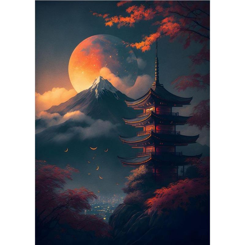 Japanese cherry color koi, fish, moonlake, magic art poster, canvas, painting, Japanese landscape, wall art for living room, home decor