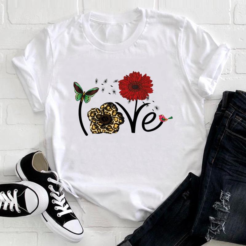 

(European Size) Cute Sweet Tee Top Fashion T Leopard Love Heart Trend Shirt Women Print Lady Female Clothing Casual Short Sleeve Graphic T-shirt 4XL