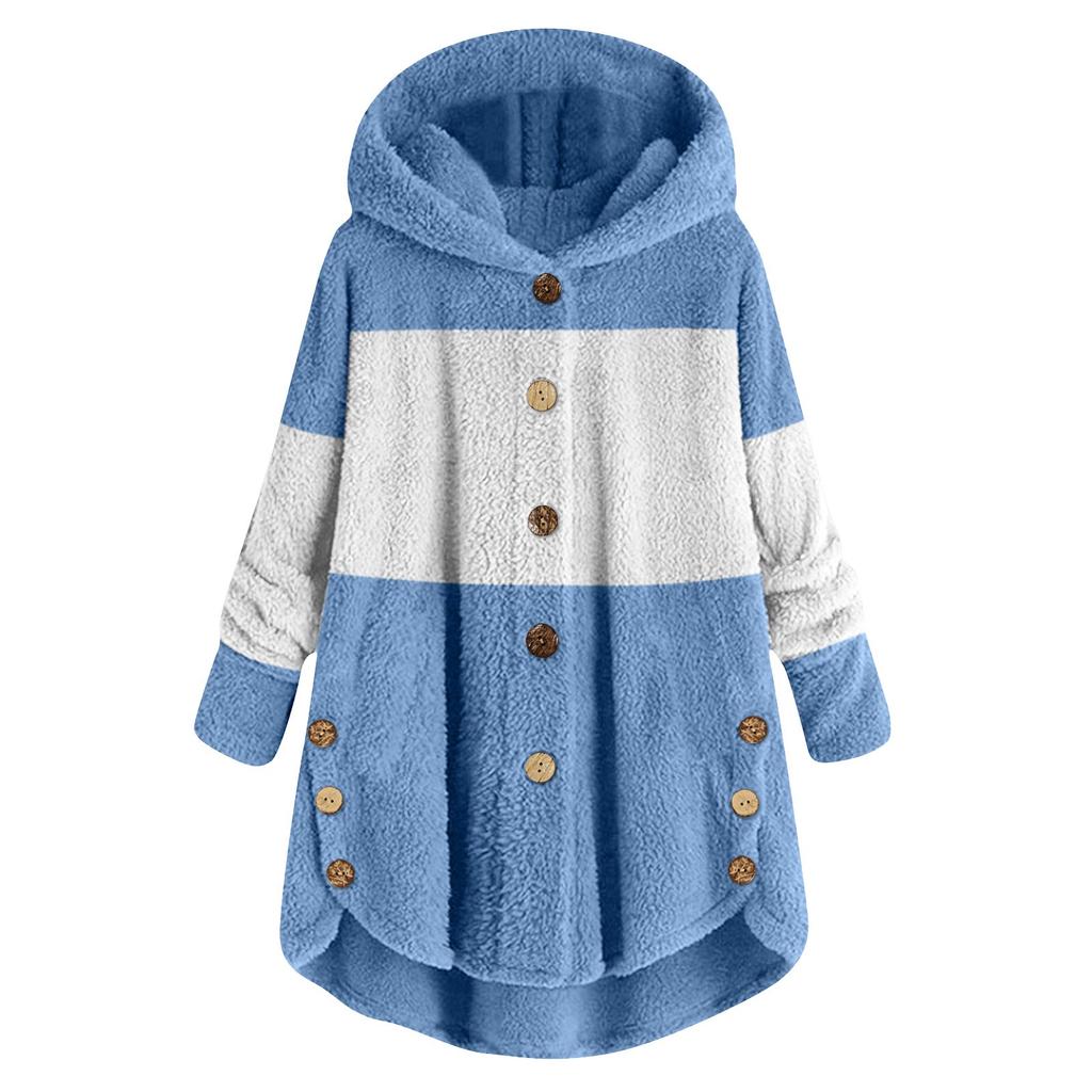 Women's Fashionable Patchwork Loose Hooded Plush Button Long Sleeved Loose Warm Jacket