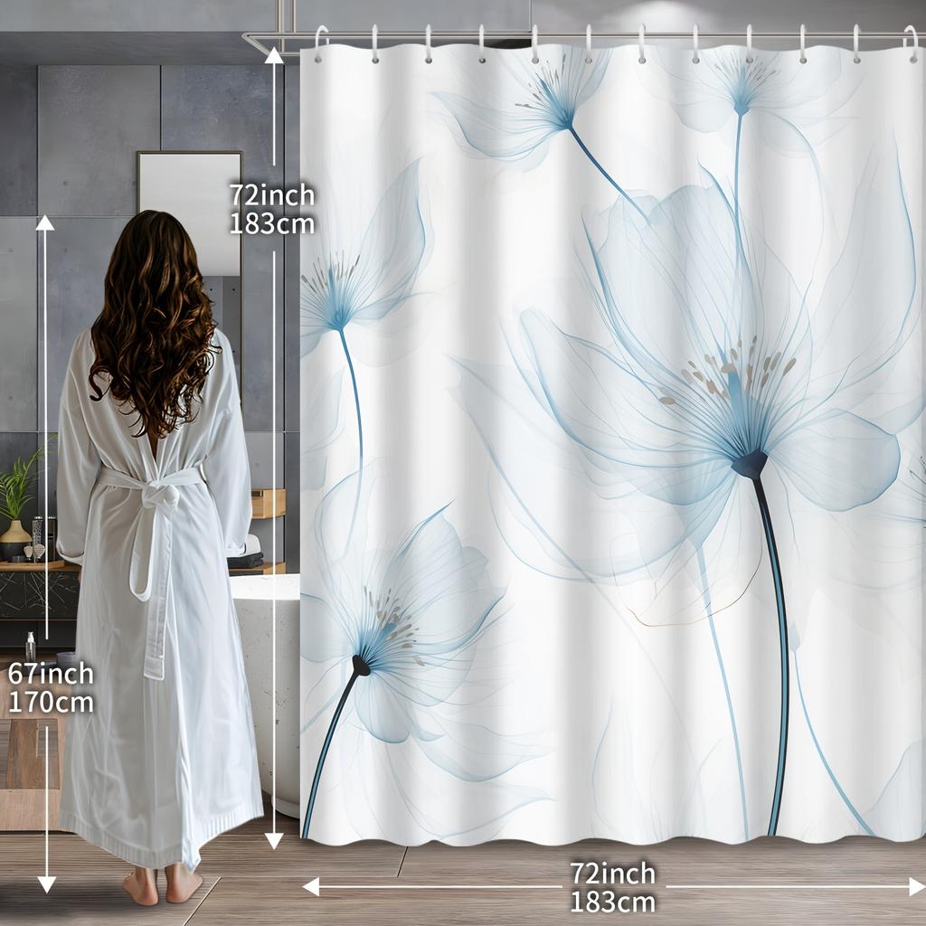 1Pcs Blue Theme Simple Beautiful Floral Shower Curtain, Bathroom Decoration, Including Shower Curtain With Hooks For Bathroom