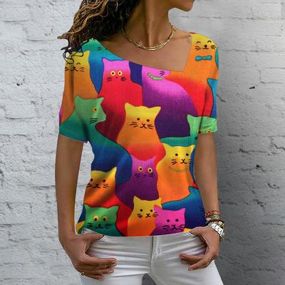 T-shirt da donna con scollo a V Gatti carini Grafica stampata Top a maniche corte Estate Kawaii Moda T-shirt casual Streetwear Abbigliamento femminile
