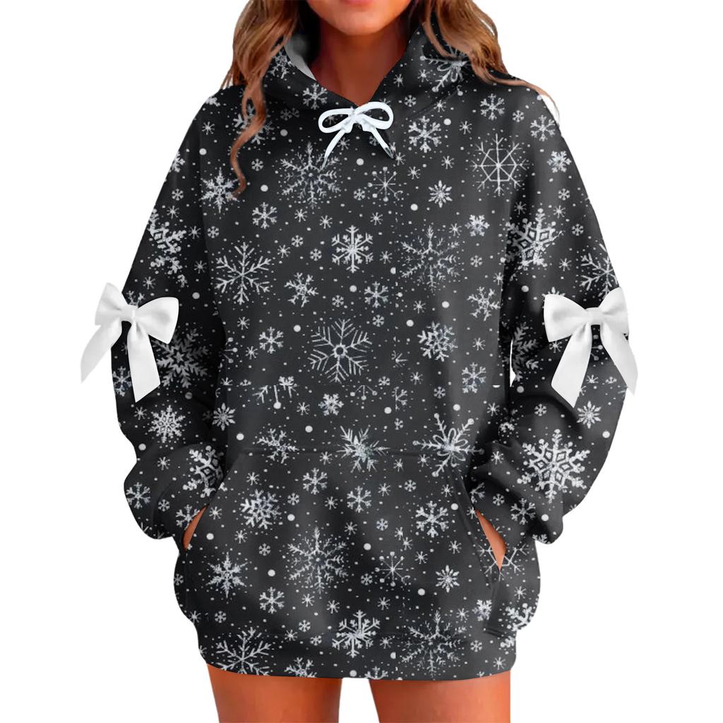 Ladies' Christmas Printed Bow Long Sleeved Loose Fitting Headband With Rope Hooded Sweatshirt Top