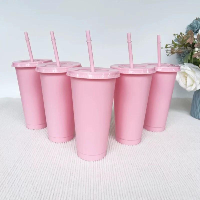 5pcs 24oz Transparent Reusable Tumblers with Black Lids and Straws Iced Coffee Water Bottle Cold Smoothie Cups for Parties Drink