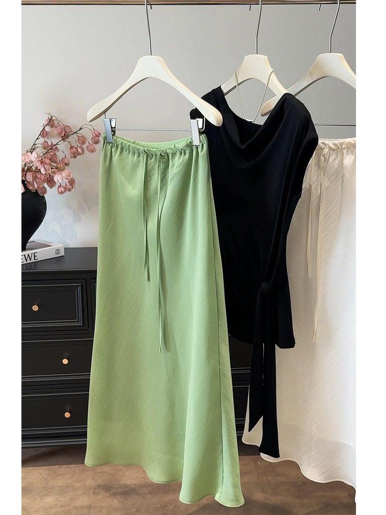 Korean Style Elastic Waist Tencel Midi Skirt - Women's Spring/Summer Drapey Casual Bodycon Skirt