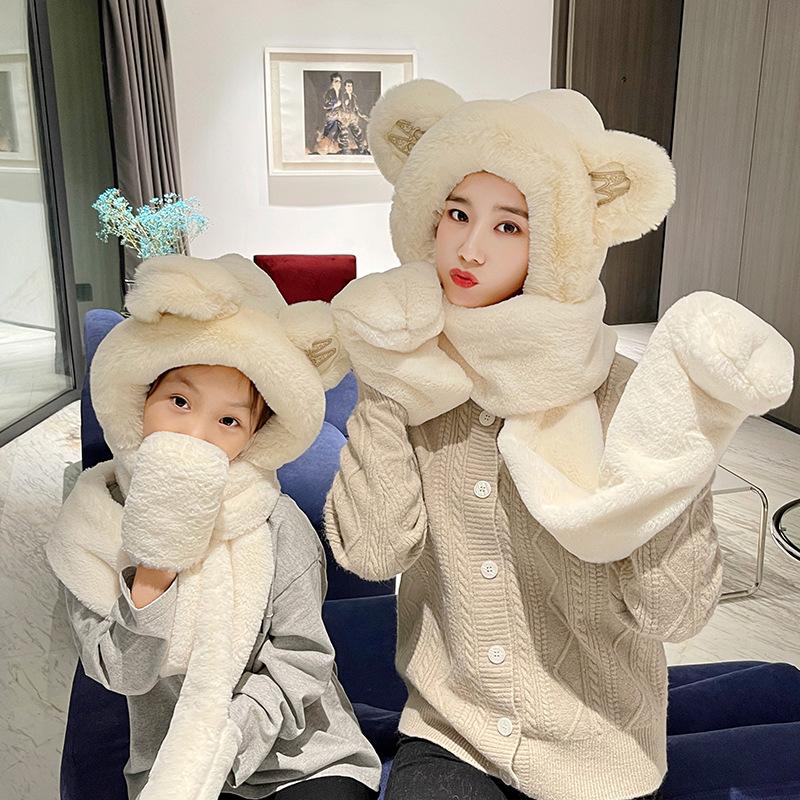 Plush hat female autumn and winter bear ears ear protection scarf gloves integrated thermal pullover windproof hat