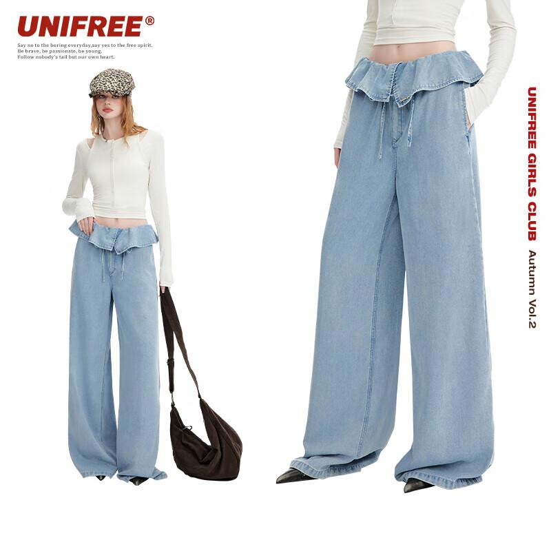 UNIFREE Retro High-Waist Washed Wide-Leg Jeans M