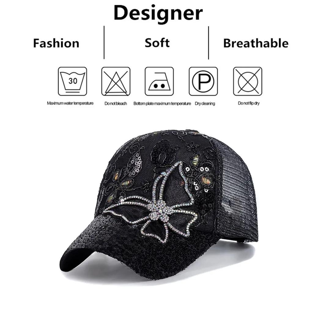 Unisex Butterfly Lace Glitter Baseball Net Caps Spring And Summer Outdoor Adjustable Casual Hats Sunscreen Hat