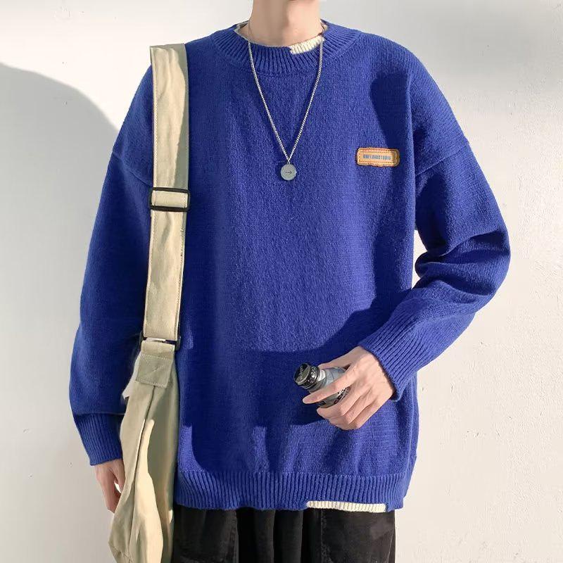 Hong Kong Style Men's Winter Fake Two-Piece Round Neck Sweater - Thick, Loose, Warm Knitwear