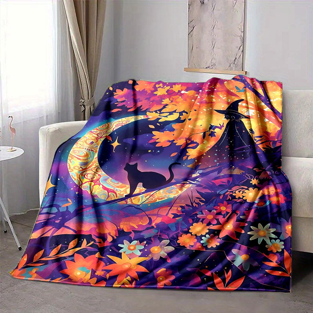 1pc Moon Witch Cat Blanket, Lightweight Flannel Throw Blanket for Sofa, Bed, Travel, Camping, Living Room, Office, Couch, Chair, and Bed