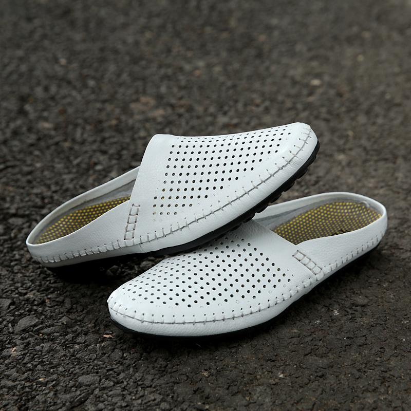 Breathable Mens Half Slippers Genuine Leathe Male Muller Shoes Summer Male Comfy Flats Lazy Loafers Soft Handmade Casual Shoes
