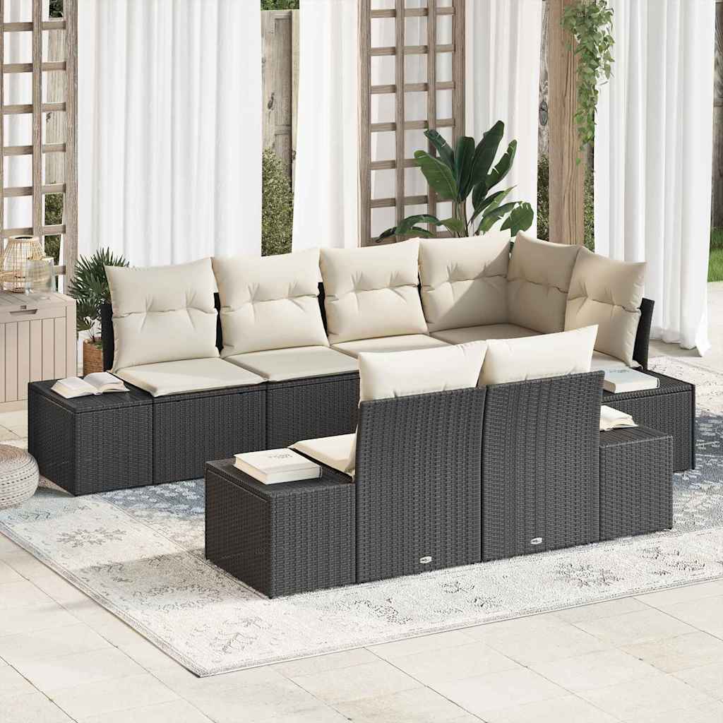 Garden Sofa Set with Storage 7 pcs Black and Cream Poly Rattan