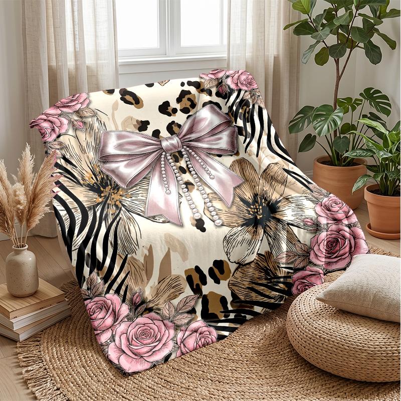 Floral Leopard Ribbon Theme Blanket Lightweight Warm Flannel Blanket Decorative Throw Blanket for Home Decoration