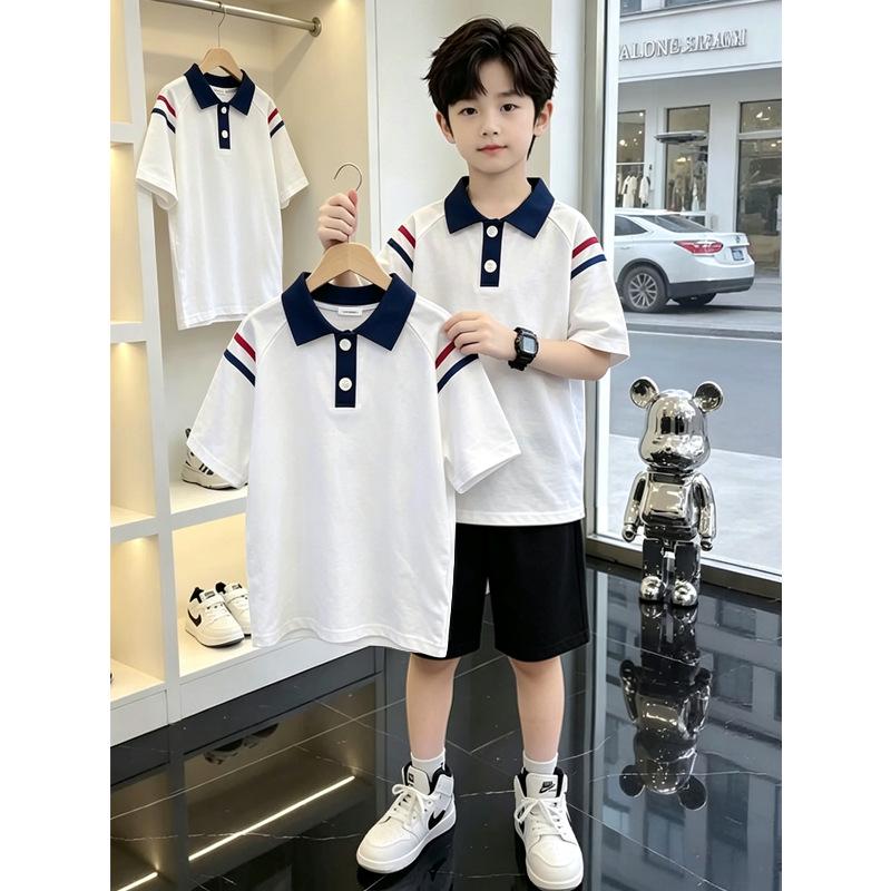 Korean Style Boys' Cotton Lapel Short-Sleeve T-shirt Set - Summer Casual Patchwork Polo