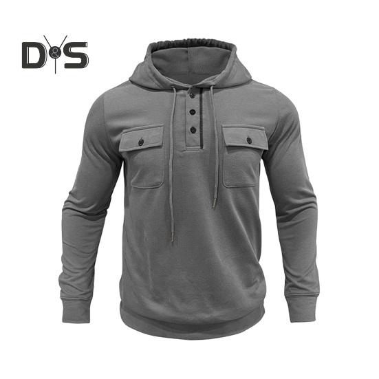 

Осень-весна Мужская верхняя часть со шнурком, нагрудными карманами, застегивающимися на пуговицы капюшоном, длинными рукавами, однотонными эластичными манжетами, спортивная повседневная толстовка средней длины M серый