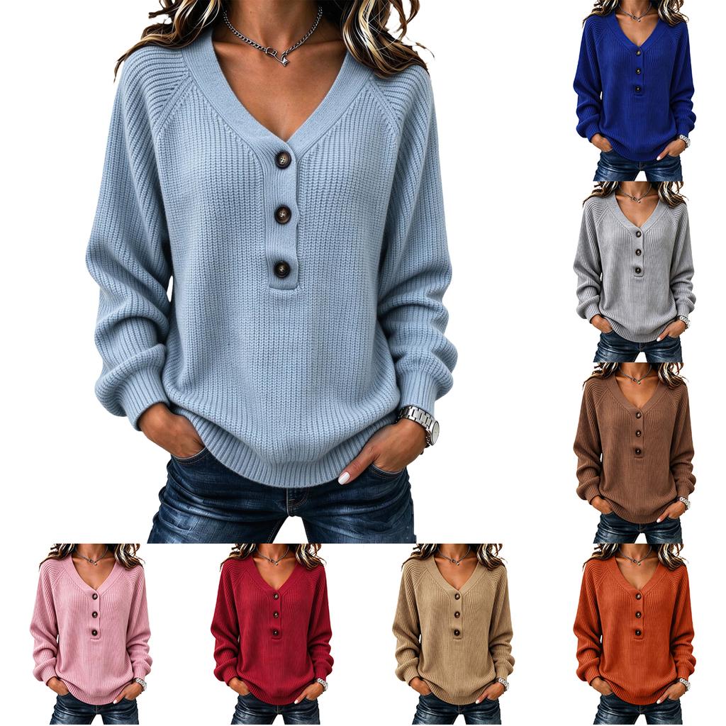 Damen Freizeit V-Ausschnitt Knopfleiste Langarm Pullover für Herbst Winter Alltagsmode