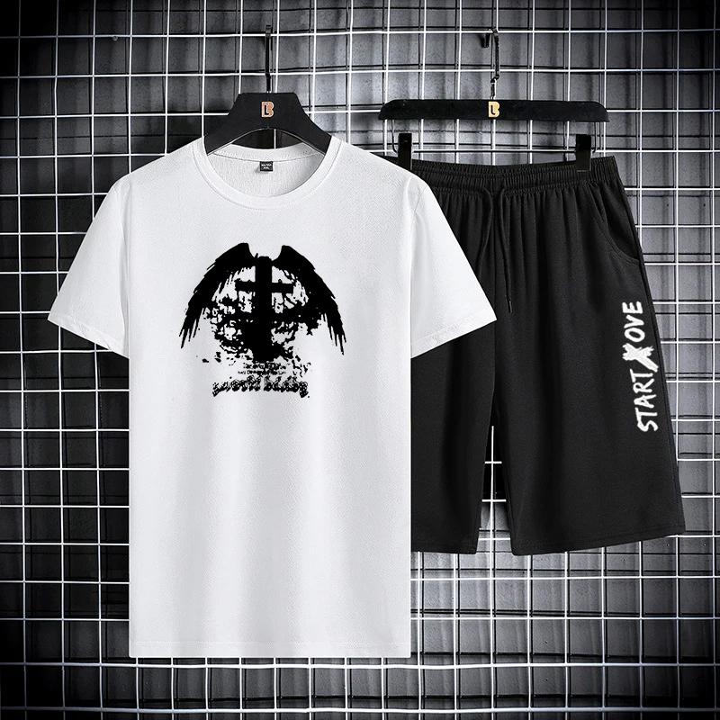 

2Pcs/Set O-Neck Short Sleeve Elastic Waistband Casual Outfit Pockets Ice Silk Men Gradient Color Letter Print T-shirt Wide Leg S 13-14Y