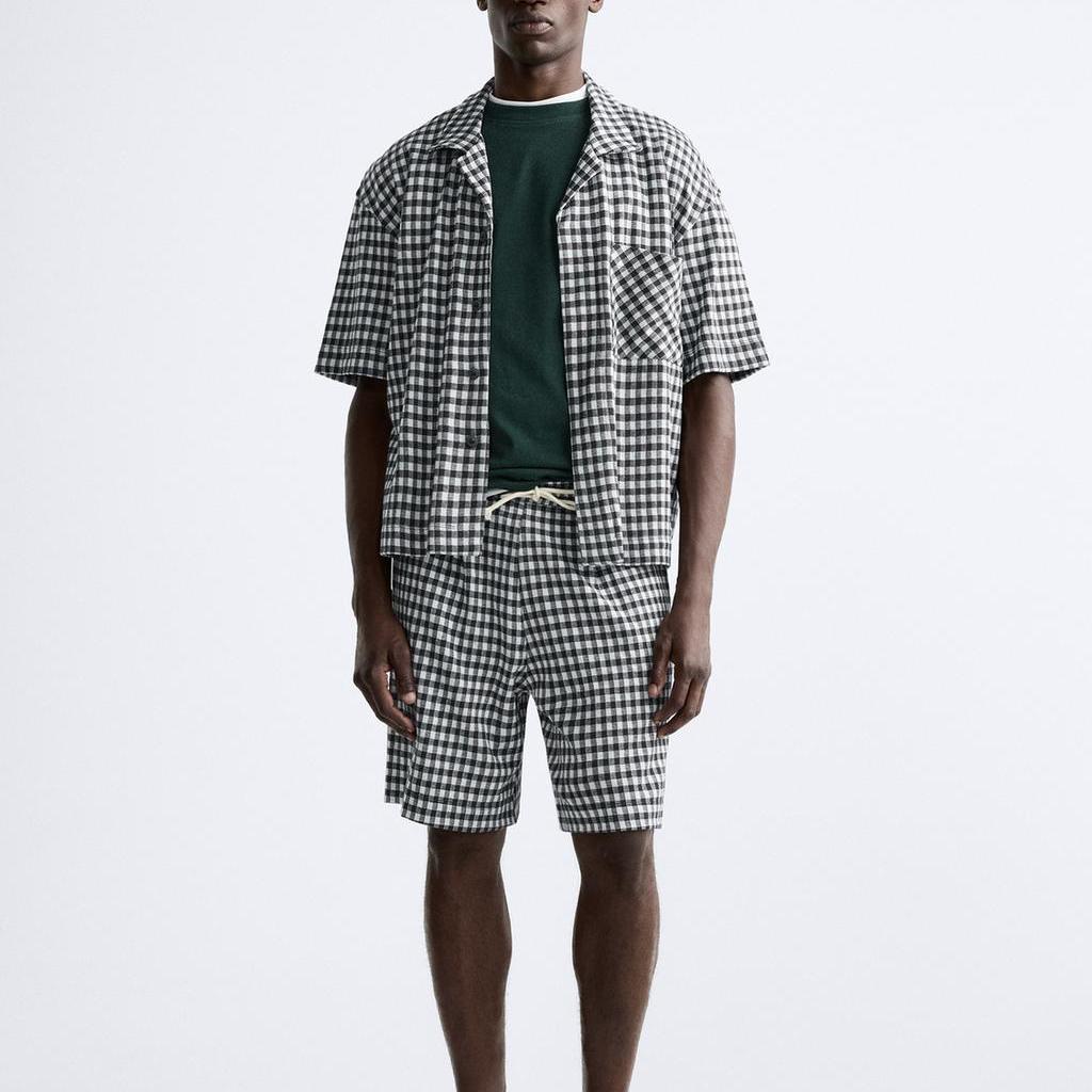 Zara Loose Checkered Lapel Short Sleeve Shirt Men shirts Multi-color 5644358-330