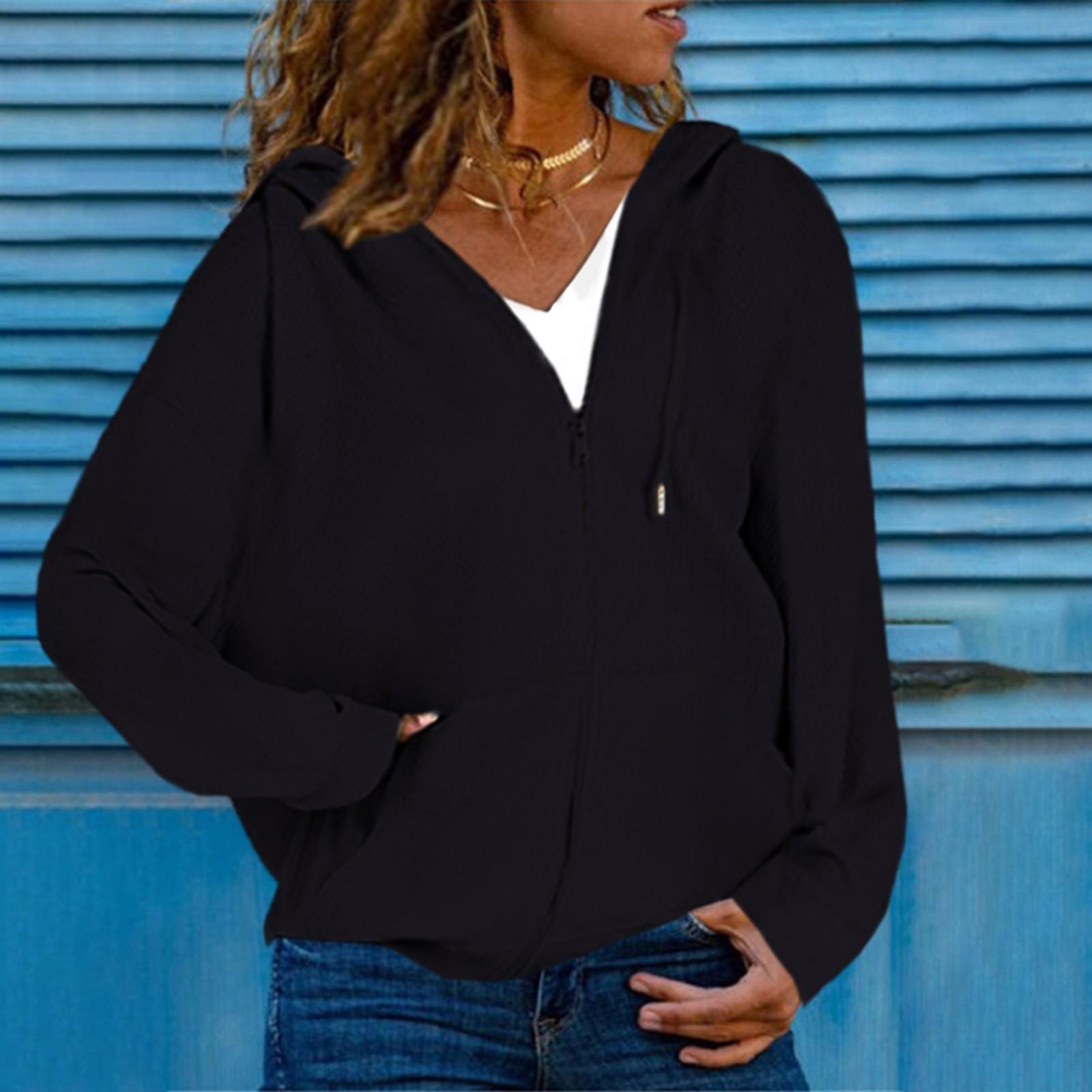 

Women s Loose Slit Pocket Zip Solid Long Sleeve Hooded Sweatshirt Cardigan XXXXXL чорний