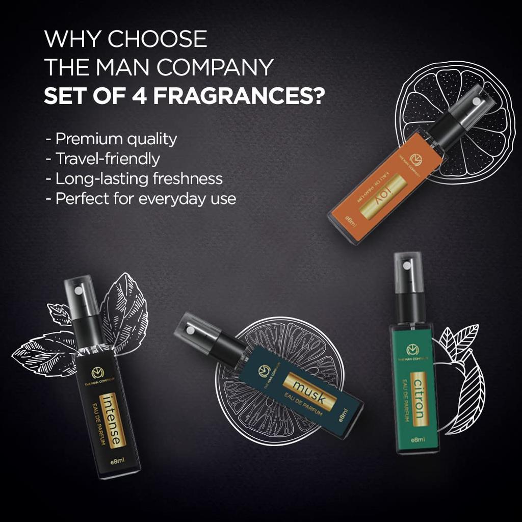 The Man Company Everyday Use Pocket Perfume for Men 4 * 8ml with Intense, Musk,Joy & Citron for Office Going, Party, Date & Travelling