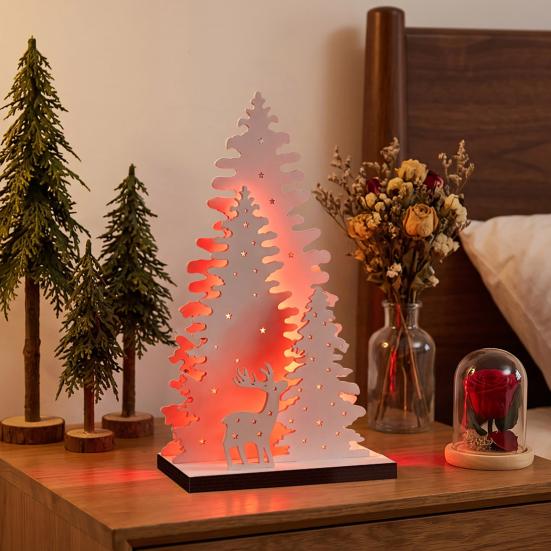 Wooden Christmas Decorations Vintage Tree, LED Lighted Tabletop Centerpiece Decorations, Eco Friendly Ornaments Winter Reindeer Xmas Desktop