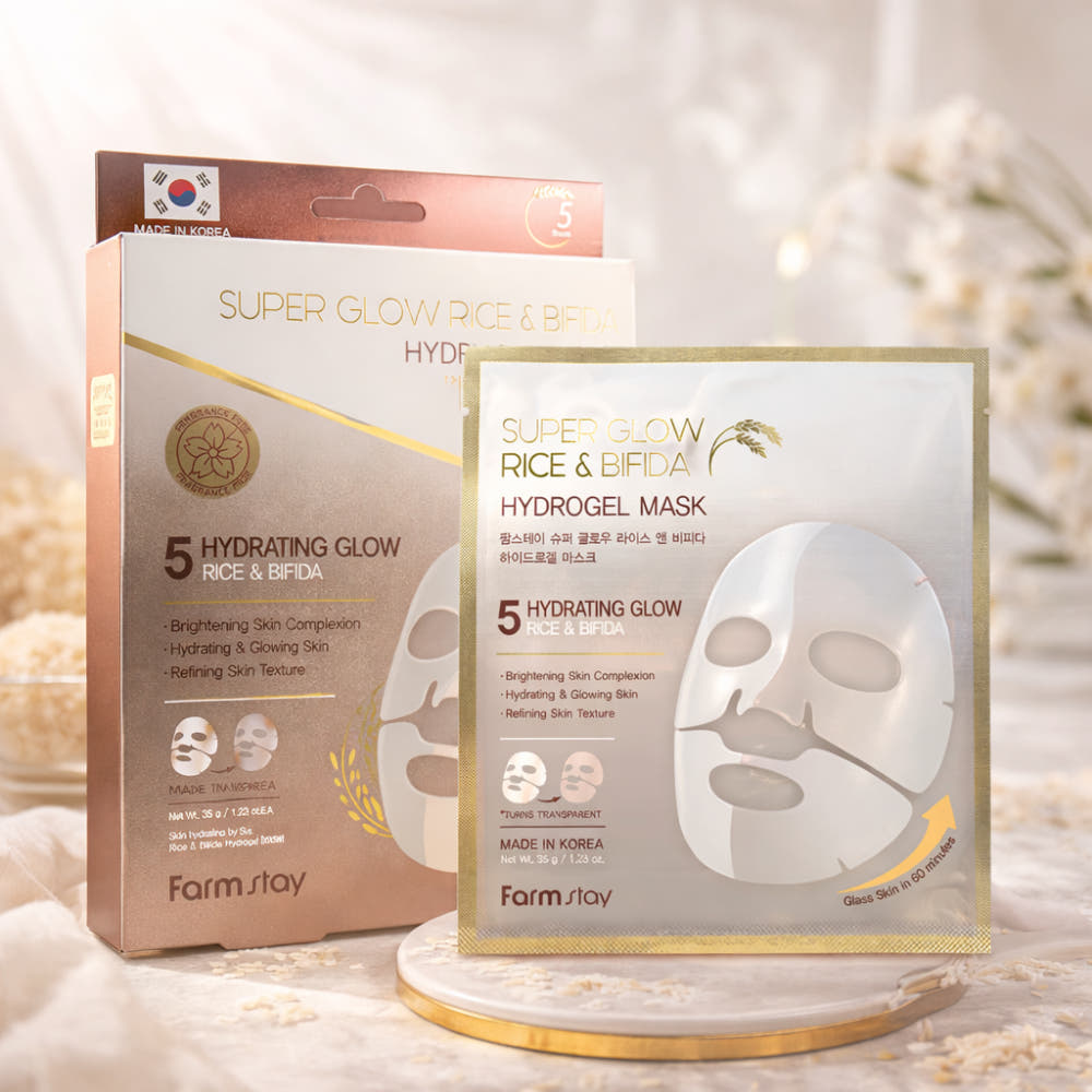 Farmstay Super Glow Reis & Bifida Hydrogel Maske 35g x 5 Blatt Niacinamid Reisextrakt Bifida Ferment Aufhellende Feuchtigkeitsspendende Gesichtsmaske