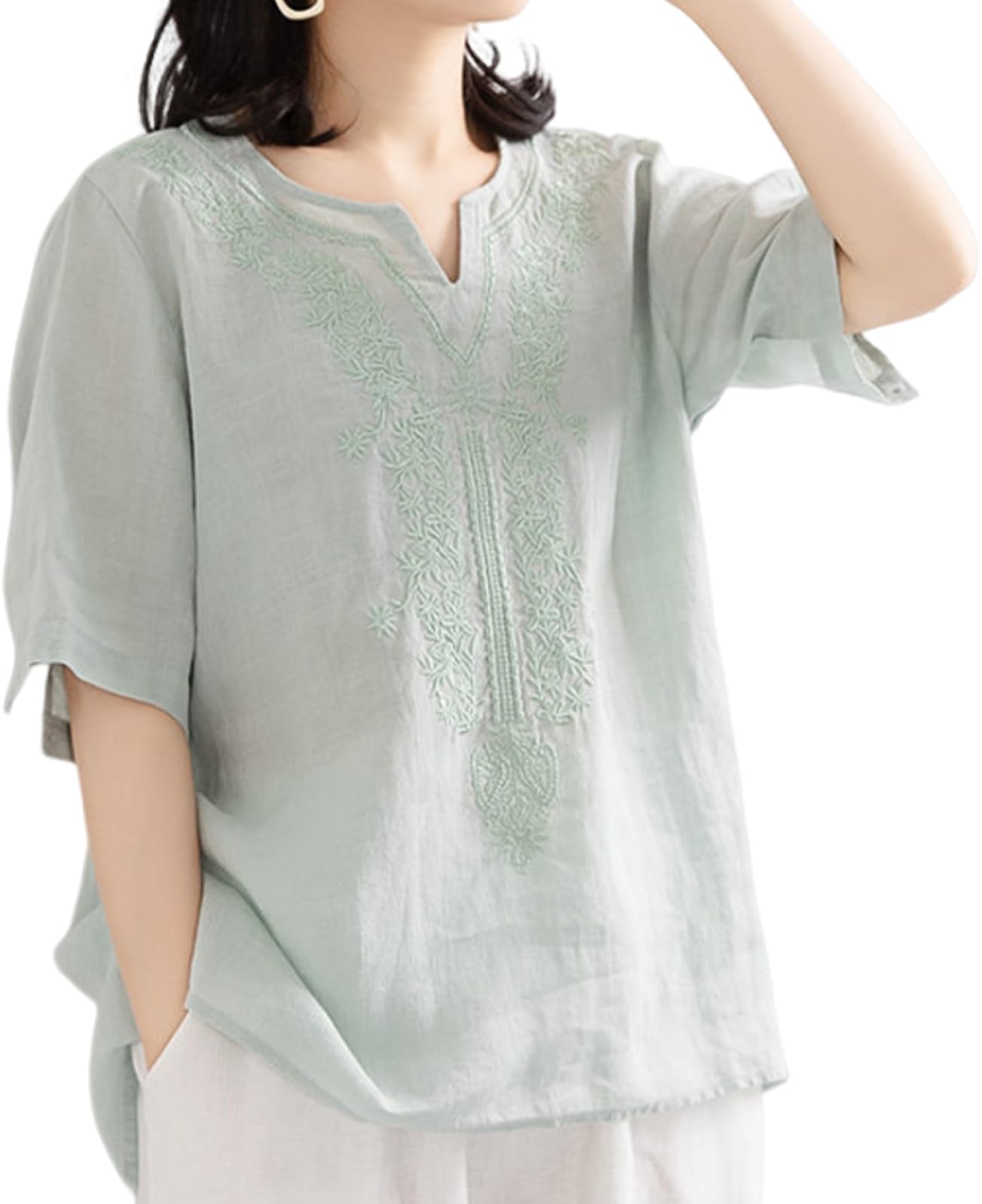 

Embroidered Available in 5 Relaxed Perfect for Spring and Street Korean Loose Cut and Keyhole [J.STORE] Women s Blouse, Colors. Simple, Fit, Summer. зелёный