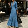 Mid-length Dress Women Button Down Maxi Denim Dress, Long Sleeve Lapel V Casual Loose Neck Flowy A-line Jean with Pockets Summer