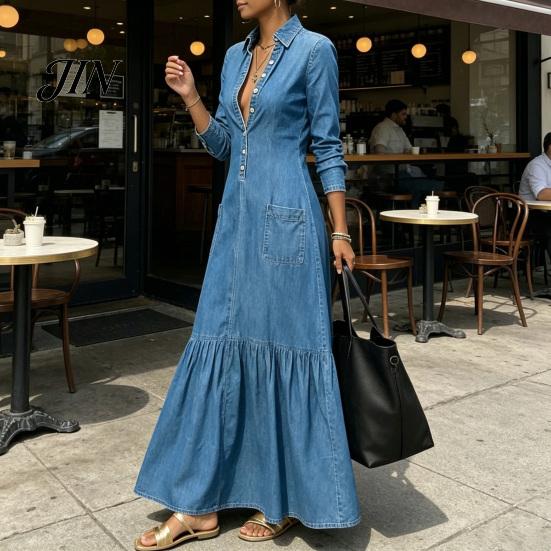 Mid-length Dress Women Button Down Maxi Denim Dress, Long Sleeve Lapel V Casual Loose Neck Flowy A-line Jean with Pockets Summer