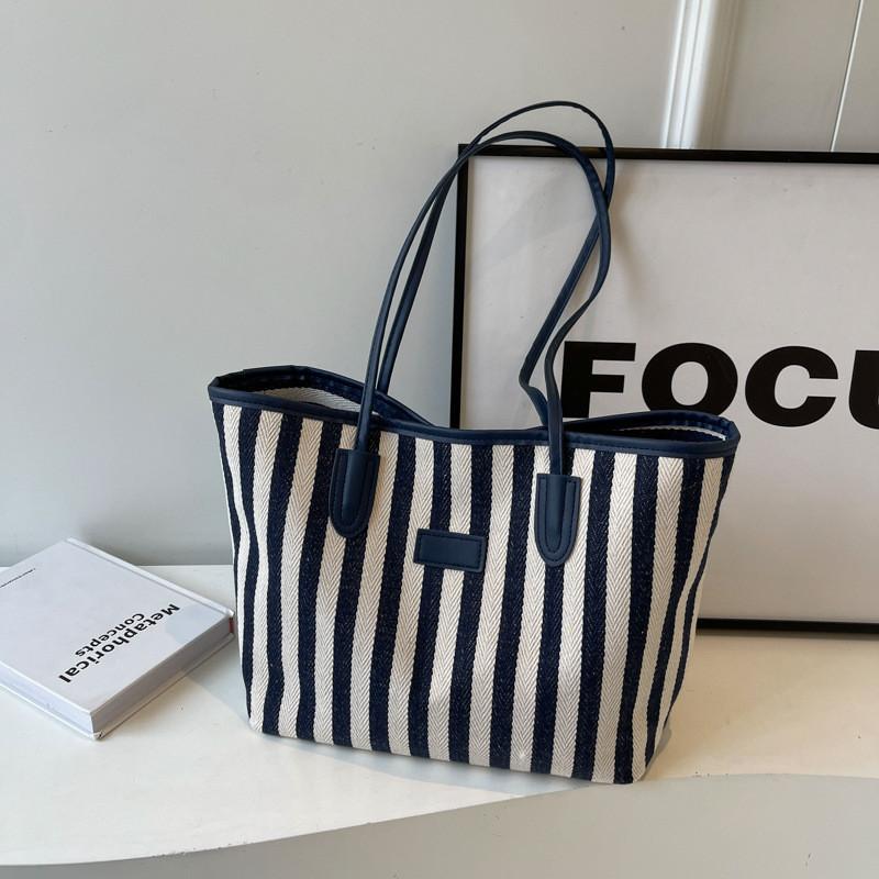 Chic Fashionable Striped Canvas Tote Bag 2024 New Large Capacity Handbag For Women