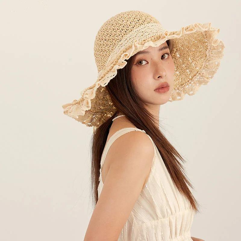 

Summer Elegant Foldable Straw Hats Women Girls Hand Woven Hollow Out Sun Hat Female Wide Brim Lace Bow Beach Caps Chapeau Femme One Size бежевий