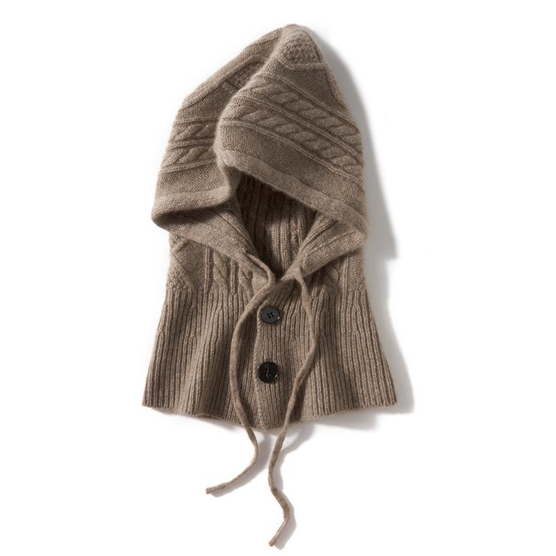 Soft and Glutinous Cashmere Autumn and Winter New Women's Casual Ear Protecting Neck Cap Knitted Warm Button Up Drawstring Hat