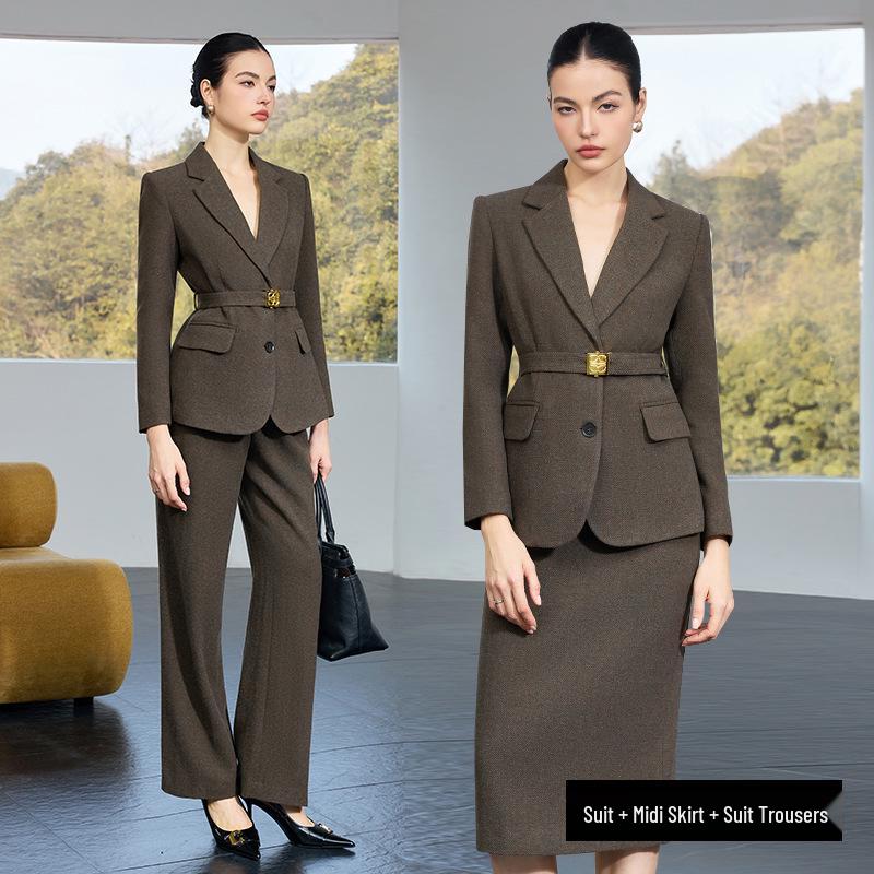 Women s High-End Khaki Green Herringbone Wool Suit: Autumn/Winter, Old Money Style, Waist-Cinching, Professional Wear. XL