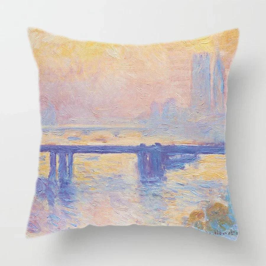 Claude Monet Polyester Printing Cushion Cover Sofa Landscape World Famous Oil Painting Throw Decorative Pillow Case Home Decor