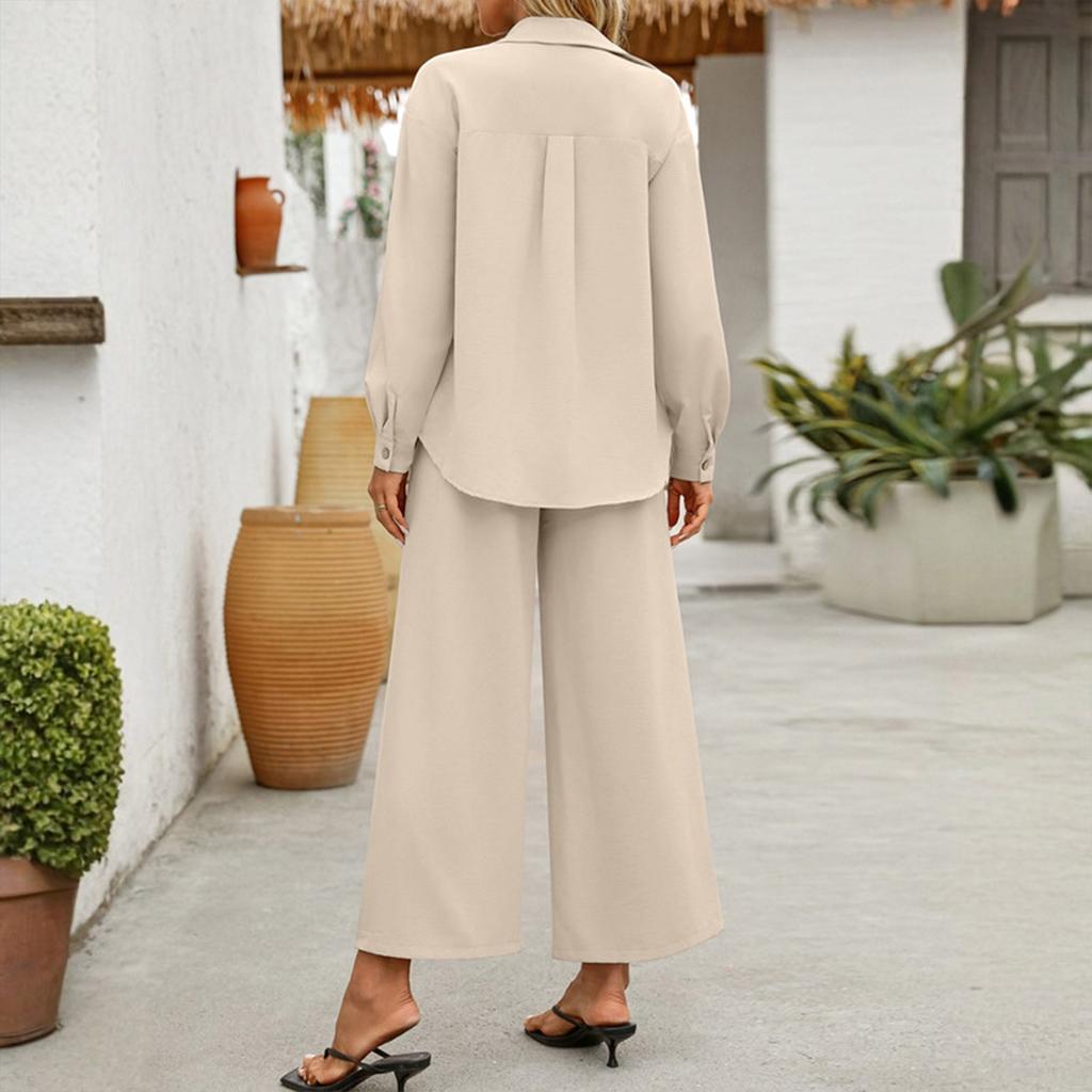 Dam Lös Casual Vårkofta Långärmad Skjorta Vida Ben Byxor Tvådelat Set