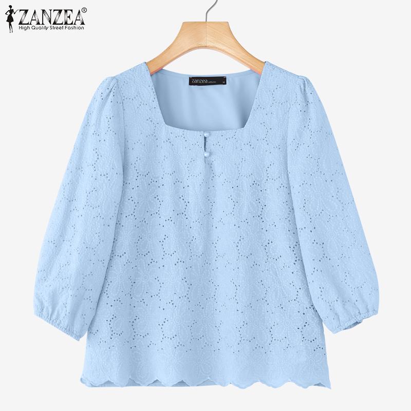 ZANZEA Bluză Casual cu Guler Pătrat pentru Femei, Mâneci 3/4, Largă, Patchwork Dantelă