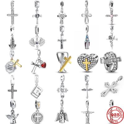 New S925 Sterling Silver Saintess Jesus Cross Amulet Hot Fine Charm Bead Fit Original Bracelet Trinket DIY Women Jewelry