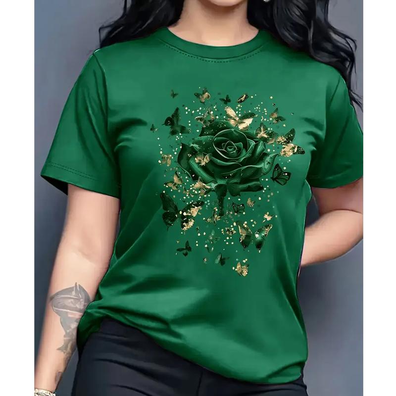 

Женская летняя футболка Ретро мода Футболки с коротким рукавом Повседневные топы с принтом роз 3XL зелёный