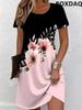 Women's Summer Dress Fashion Flower Pattern Printed Comfortable Women's Clothing Short Sleeve Round Neck Casual Loose Dress