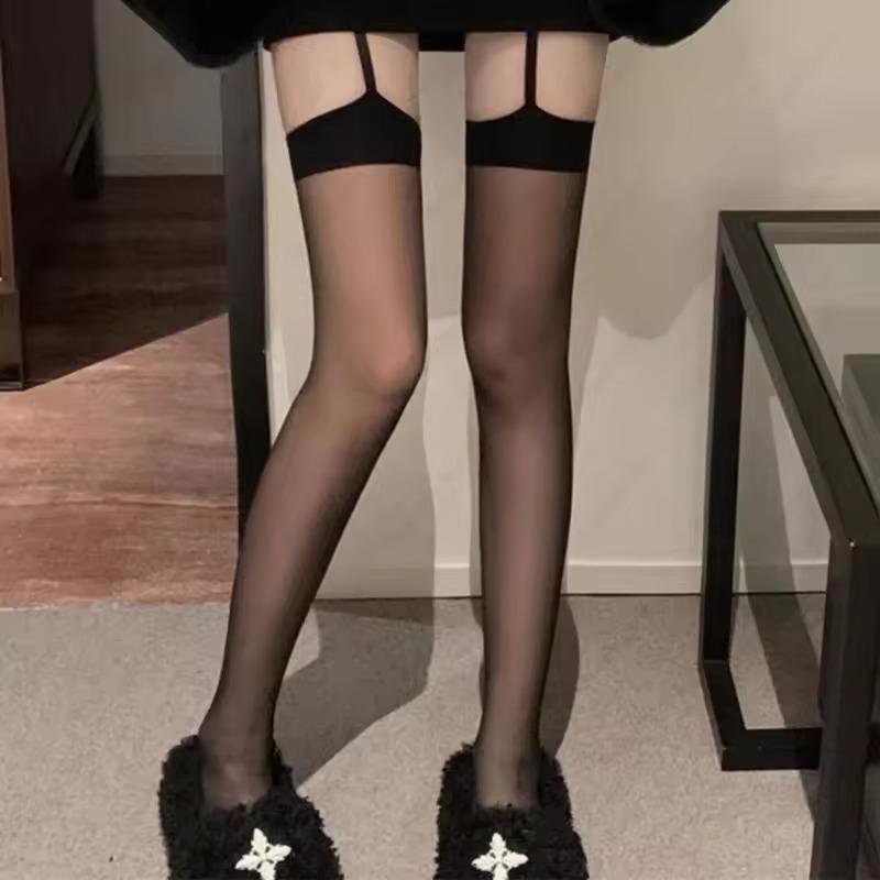 

Women Sexy Suspenders Velvet Stockings JK Girls Thigh High Long Socks Costumes Thin Expose Skin Soft Black Over The Knee Socks 40-75Kg