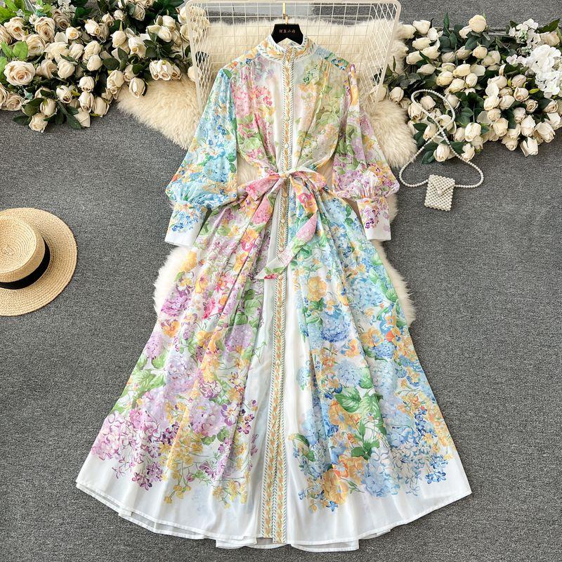 

Flowers Elegant Stand-up Collar Slim Fit Long Dress Breasted Color 2XL