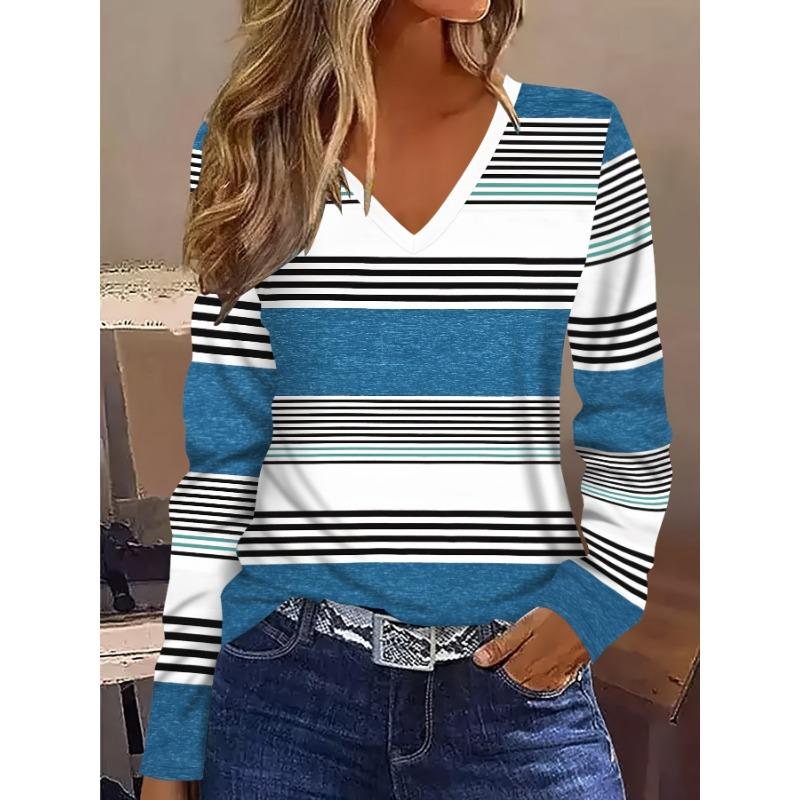 Fashion Women s Basic V-Neck Long Sleeve,Color Block Printed Polyester Relaxed Fit Tees Shirt,Spring Fall Casual Comfort Tops S