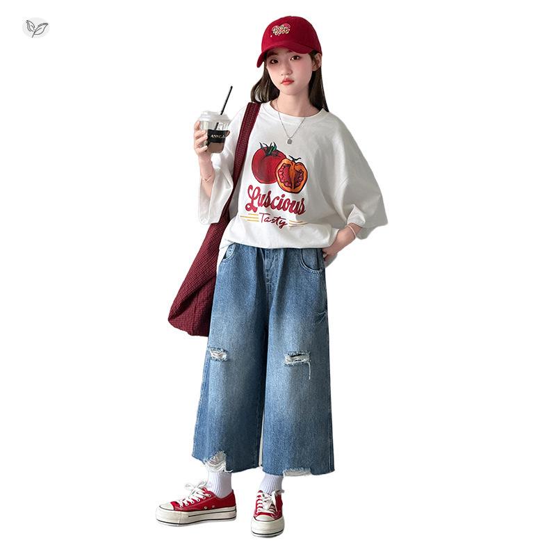 Trendy Summer Ripped Pants Set for Junior High Girls – Stylish Two-Piece Outfit