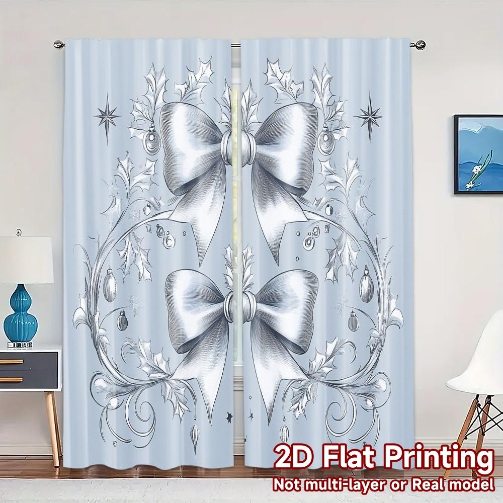 

2pcs Curtains Christmas Bow Holly Ornaments (3) Print Modern Curtains Polyester Easy Install Curtains Decorations Outdoor Ldeal 100*130 HOOK 1pcs
